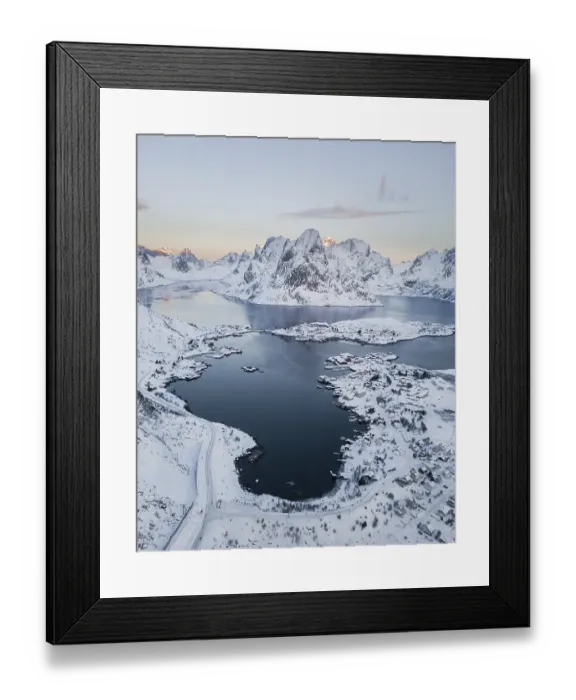 Framed Print : Aerial view, Reinefjord with snowy mountains Framed Print : Aerial view, Reinefjord with snowy mountains
