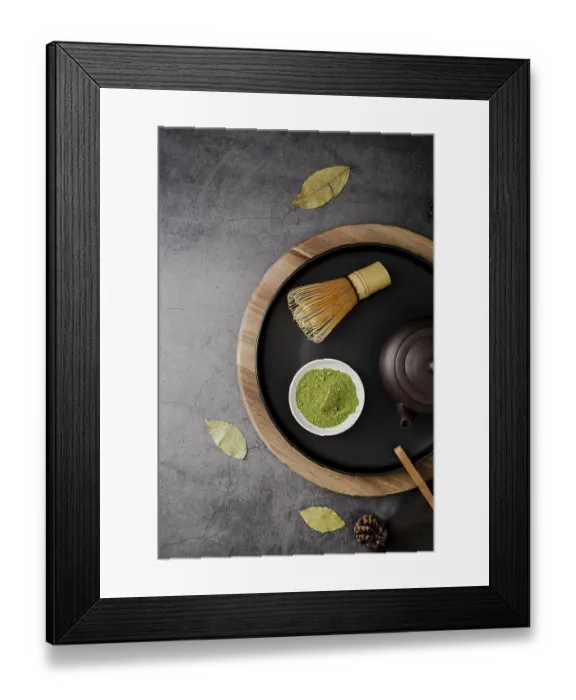 Framed Print : top view matcha tea powder bamboo whisk