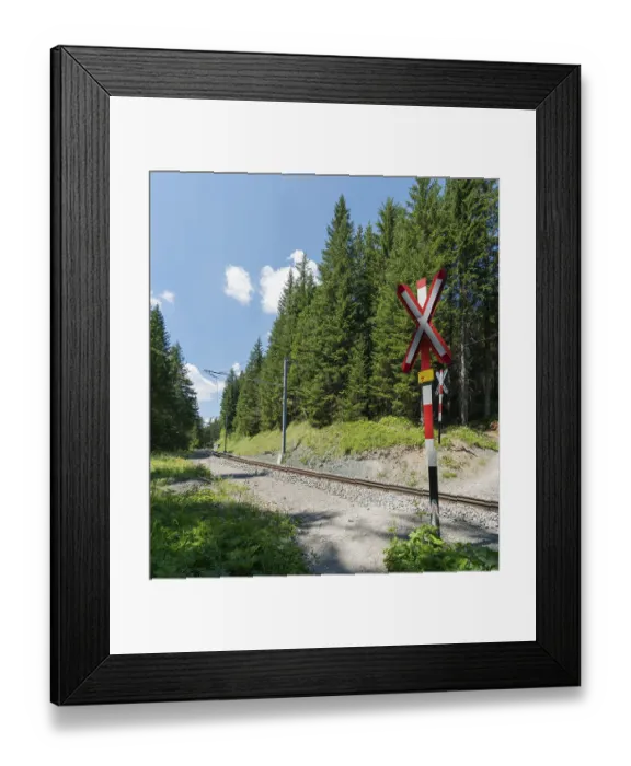 Framed Print : hiking path crosses railroad tracks in the forest at an ungarded railroad crossing Framed Print : hiking path crosses railroad tracks in the forest at an ungarded railroad crossing