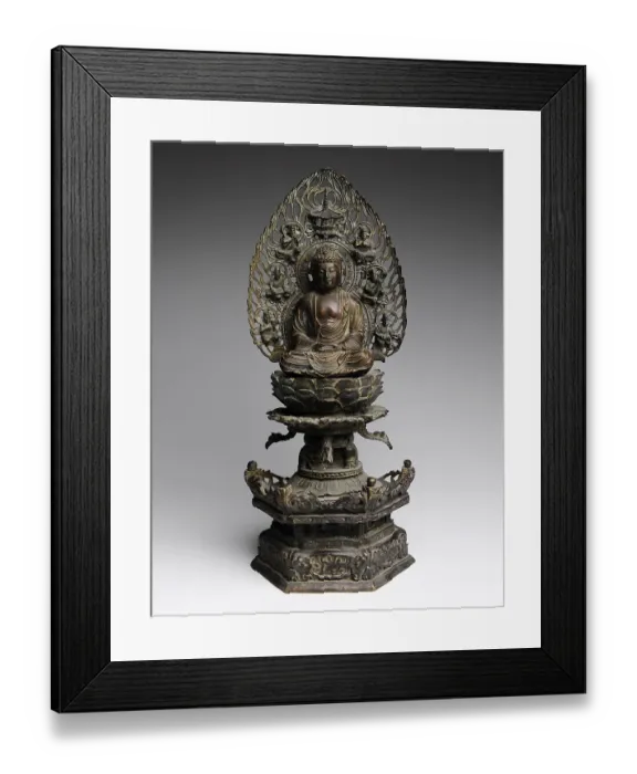 Framed Print : Old Buddha sculpture, bronze, Buddha sitting on a throne Framed Print : Old Buddha sculpture, bronze, Buddha sitting on a throne