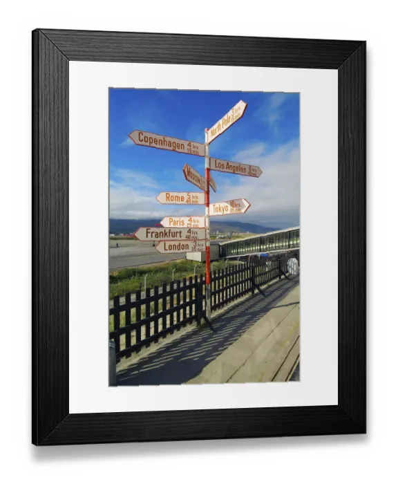 Framed Print : Signpost at the airport, Kangerlussuaq, Greenland