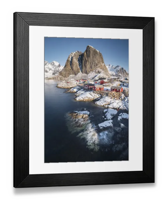 Framed Print : Rorbuer fishermen's cabins on the snowy fjord Framed Print : Rorbuer fishermen's cabins on the snowy fjord