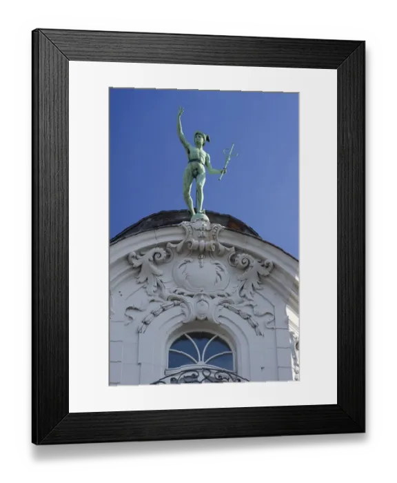 Framed Print : A Hermes figure on a Bonn townhouse A Hermes figure on a Bonn townhouse