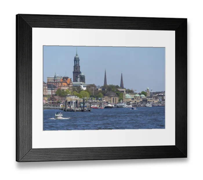 Framed Print : View across the Elbe to Hamburg city centre with the baroque main church of St Michaelis as the dominant element Framed Print : View across the Elbe to Hamburg city centre with the baroque main church of St Michaelis as the dominant element