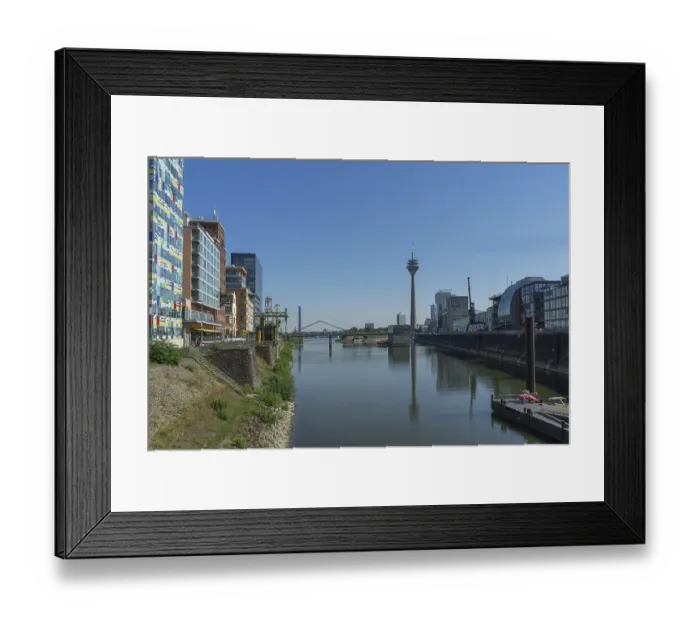 Framed Print : View from Media Harbour in the german city Duesseldorf with blue sky