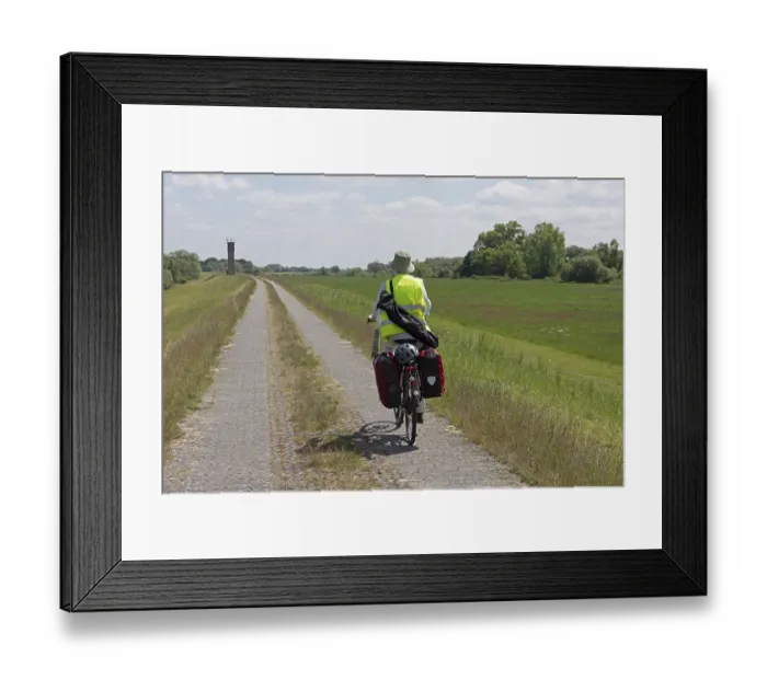 Framed Print : Cyclist, former watchtower, Elbe cycle path near Boizenburg