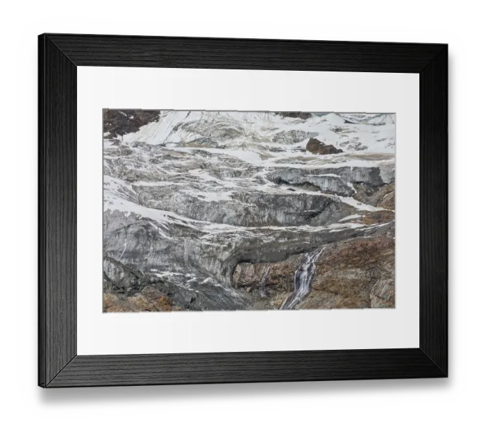 Framed Print : Glacier landscape with snowfields and waterfalls flowing over rocks Framed Print : Glacier landscape with snowfields and waterfalls flowing over rocks