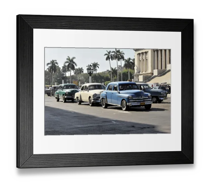 Framed Print : Vintage car driving on a street in a city with the Capitol in the background by day