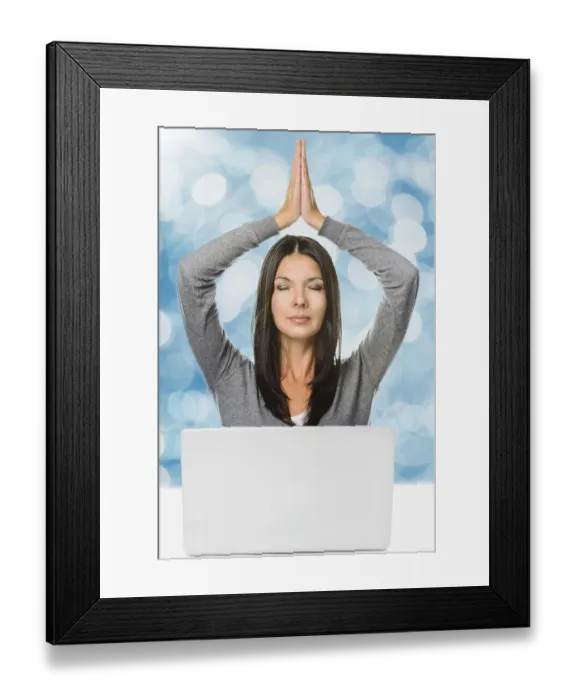 Framed Print : Pretty Long Hair Young Woman Meditating with Hands Over the Head and Closed Eyes In Front of a Laptop computer