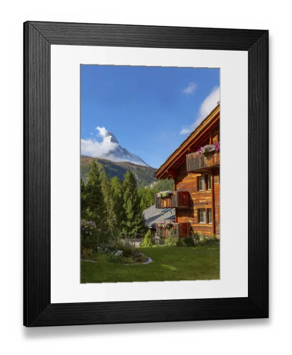 Framed Print : Matterhorn snow mount and Zermatt alpine houses panorama