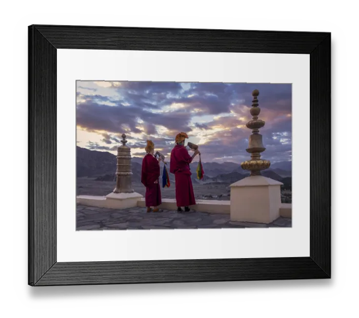 Framed Print : Monks blowing conches at Spituk Monastery (Gompa)