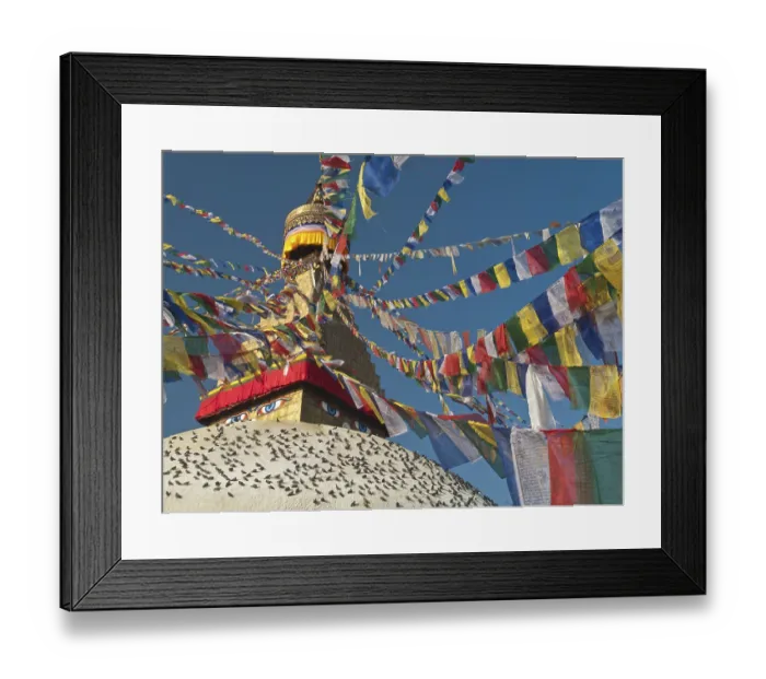 Framed Print : Prayer flags surrounding the top of Boudnath stupa
