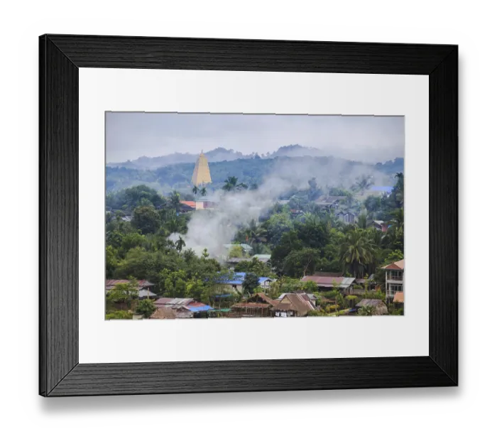 Framed Print : Golden pagoda and the morning fog at sangklaburi