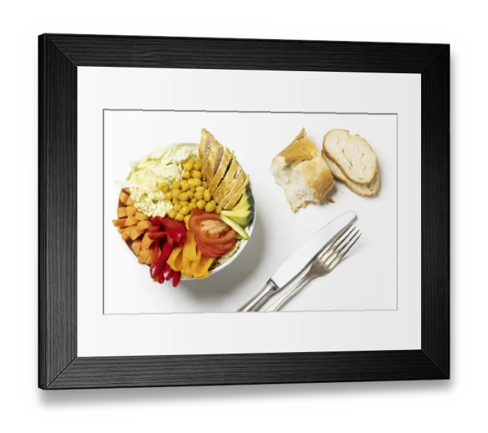 Framed Print : Buddha Bowl with chicken on wood