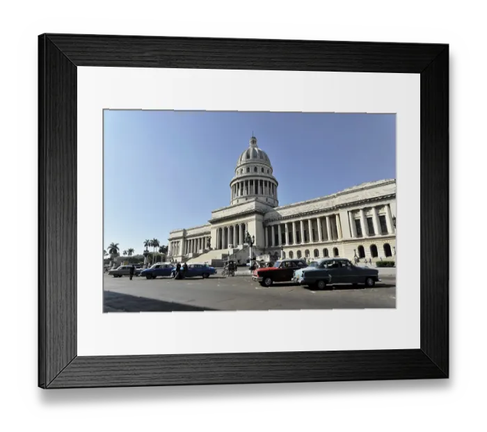 Framed Print : The Capitol surrounded by vintage and modern cars on the street on a sunny day