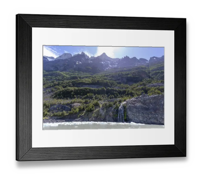 Framed Print : Waterfall, floating ice, mountain range