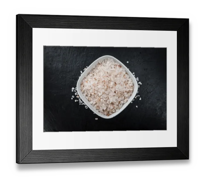 Framed Print : Portion of Himalayan Salt on a rustic slate slab (selective focus) Framed Print : Portion of Himalayan Salt on a rustic slate slab (selective focus)
