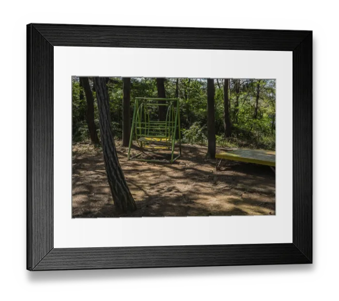 Framed Print : Metal swing bench under trees in shaded roadside park in South Korea