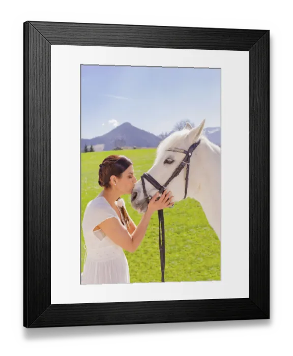 Framed Print : Woman kisses white horse