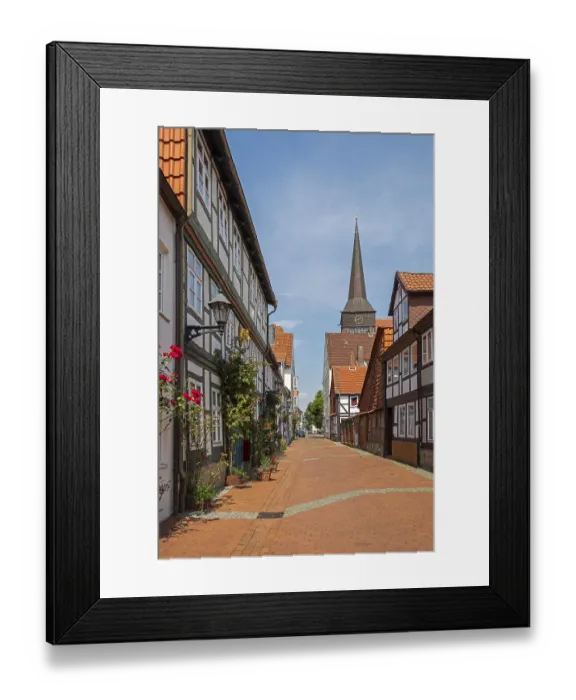 Framed Print : Half-timbered houses, St. Lamberti Church Framed Print : Half-timbered houses, St. Lamberti Church