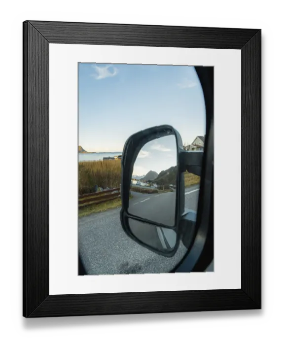Framed Print : View of the fjord landscape through Campervan side mirror Framed Print : View of the fjord landscape through Campervan side mirror