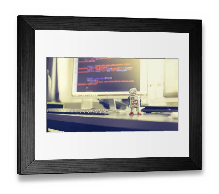 Framed Print : Symbol for a chatbot or social bot and algorithms