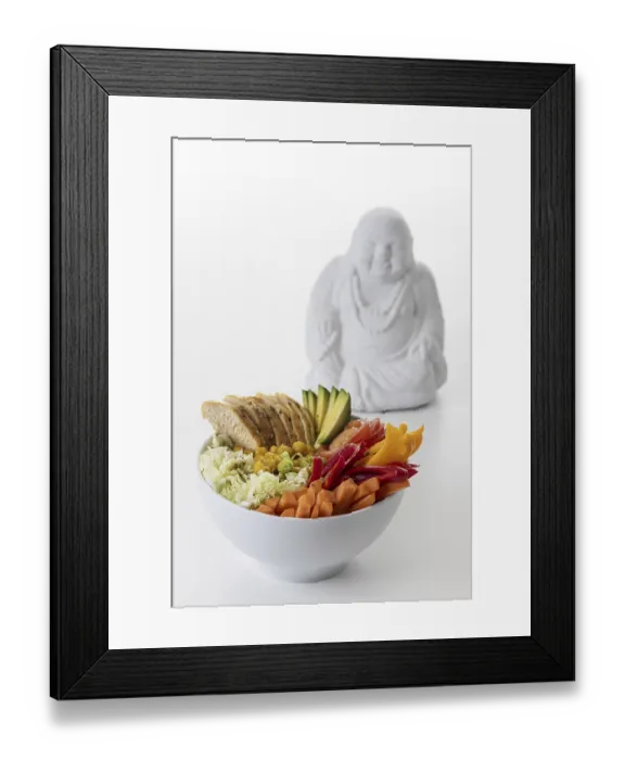 Framed Print : Buddha Bowl with chicken on wood