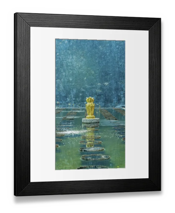 Framed Print : Four sided standing Buddha statue in man made pond at Buddhist temple in Yeongcheon