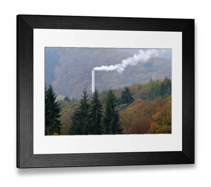 Framed Print : Smoke coming from a smokestack in the middle of a forest