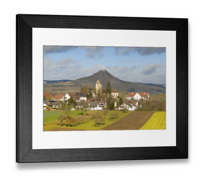 Framed Print : The village of Weiterdingen and the volcanic rock hohenhewen - Baden Wuerttemberg
