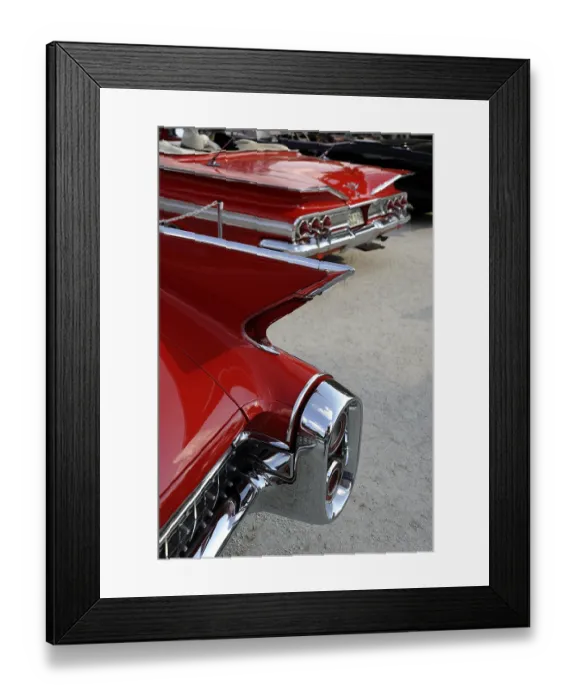 Framed Print : Detail of a red Cadillac