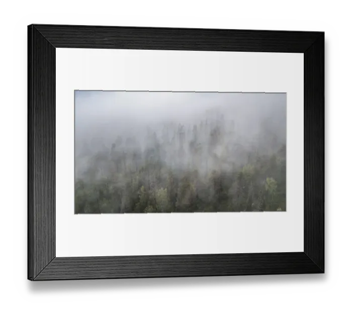 Framed Print : Drone shot, fog in boreal, arctic forest