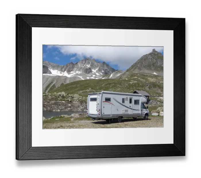 Framed Print : Motorhome in alpine landscape near Nufenen Pass Framed Print : Motorhome in alpine landscape near Nufenen Pass
