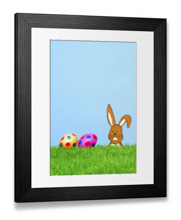 Framed Print : Wooden Easter bunny with coloured Easter eggs Framed Print : Wooden Easter bunny with coloured Easter eggs