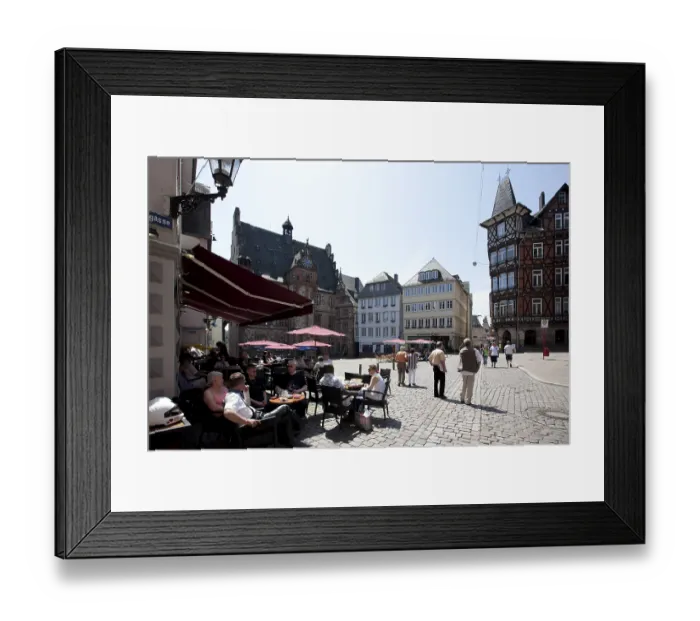 Framed Print : Marketplace with restaurants, town hall on the left Framed Print : Marketplace with restaurants, town hall on the left