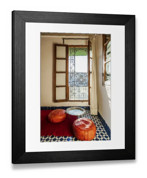 Framed Print : Traditional interior design of Moroccan rich house called riad with the view of downtown