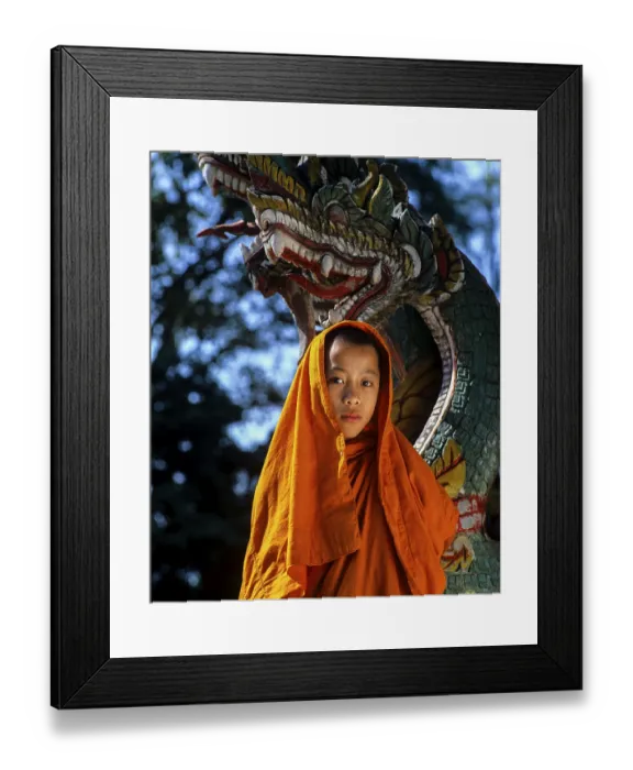 Framed Print : Buddhist novice in front of a Naga figure
