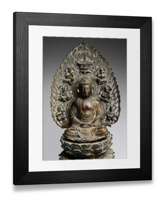 Framed Print : Old Buddha sculpture, bronze, Buddha sitting on a throne