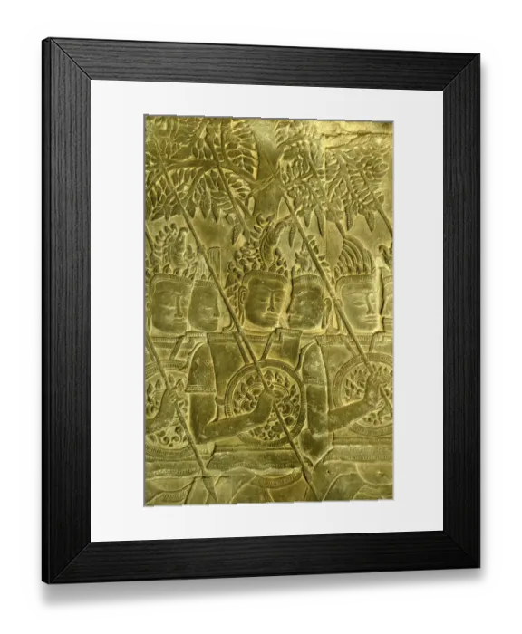 Framed Print : Intricate stone relief, warriors with spears and shields in front of trees