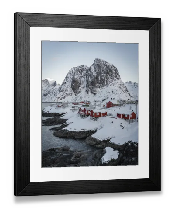 Framed Print : Red stilt houses, Hamnoy, drone shot