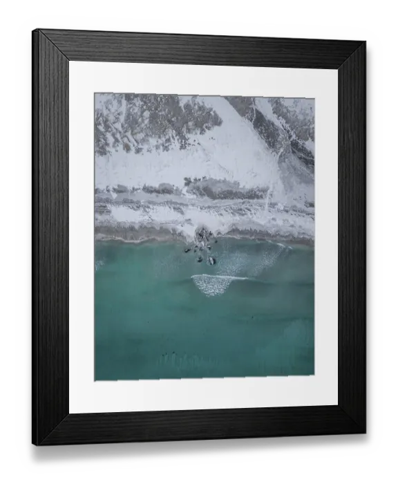 Framed Print : Aerial view, snowy beach, coast, Flakstad, Norway