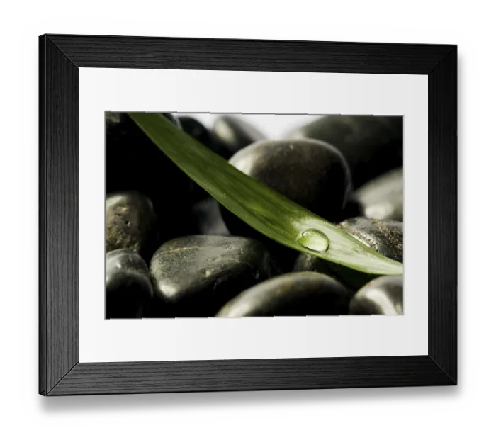 Framed Print : Black spa stones with a green leaf with drops