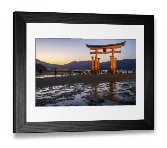 Framed Print : Itsukushima Shrine, Torii Gate at low tide at sunset