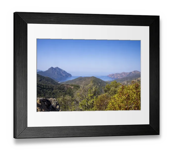 Framed Print : View from Col de Palmarella to the sunny coast with mountains in the background
