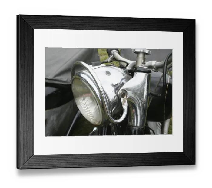 Framed Print : Classic car headlight of a motorbike with sidecar