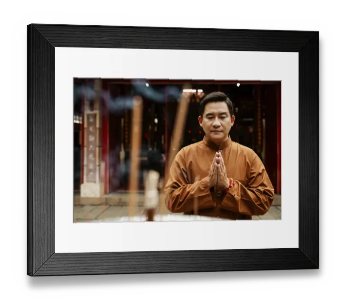 Framed Print : Front view man praying temple with incense