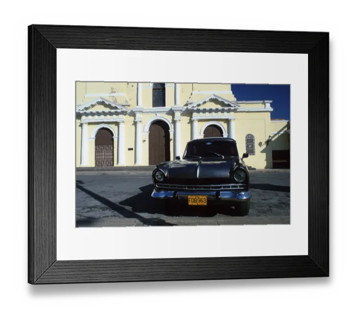 Framed Print : Vintage car, Ford in front of cathedral de la Purisima Concepcion