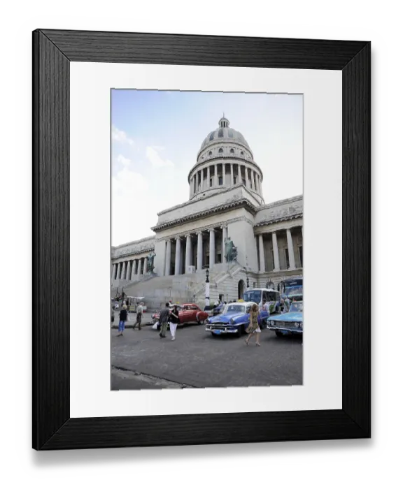 Framed Print : Vintage cars of the 1950's parked in front of the Capitolio Nacional building