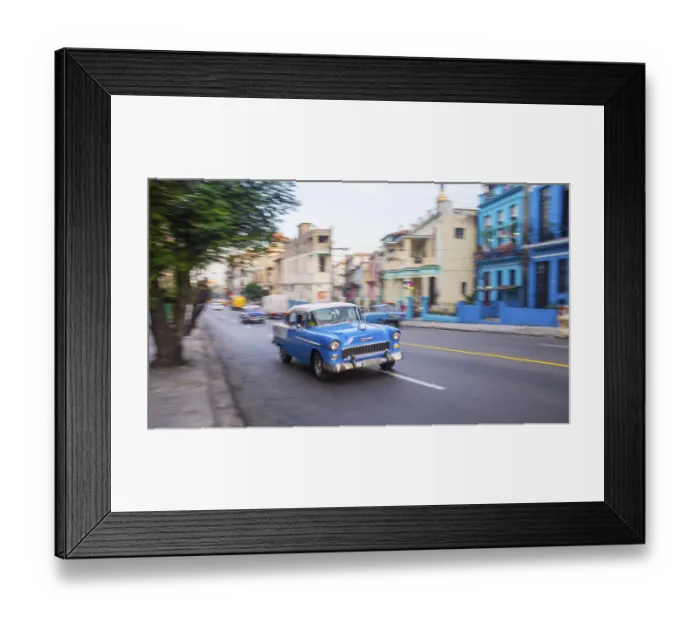 Framed Print : Blue oldtimer in Cubas capital with blurred background Framed Print : Blue oldtimer in Cubas capital with blurred background