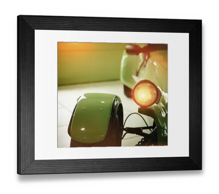 Framed Print : Green retro car headlight. Retro postcard of the vintage car